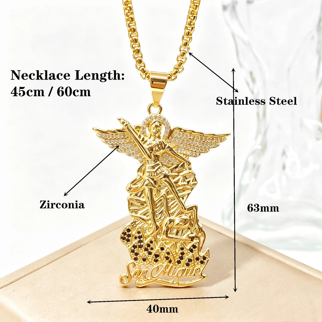 New Design 45/60cm San Miguel Archangel Stainless Steel Necklace Gold/Rose Gold Plated Zirconia For Men Women Jewelry Choker Qme