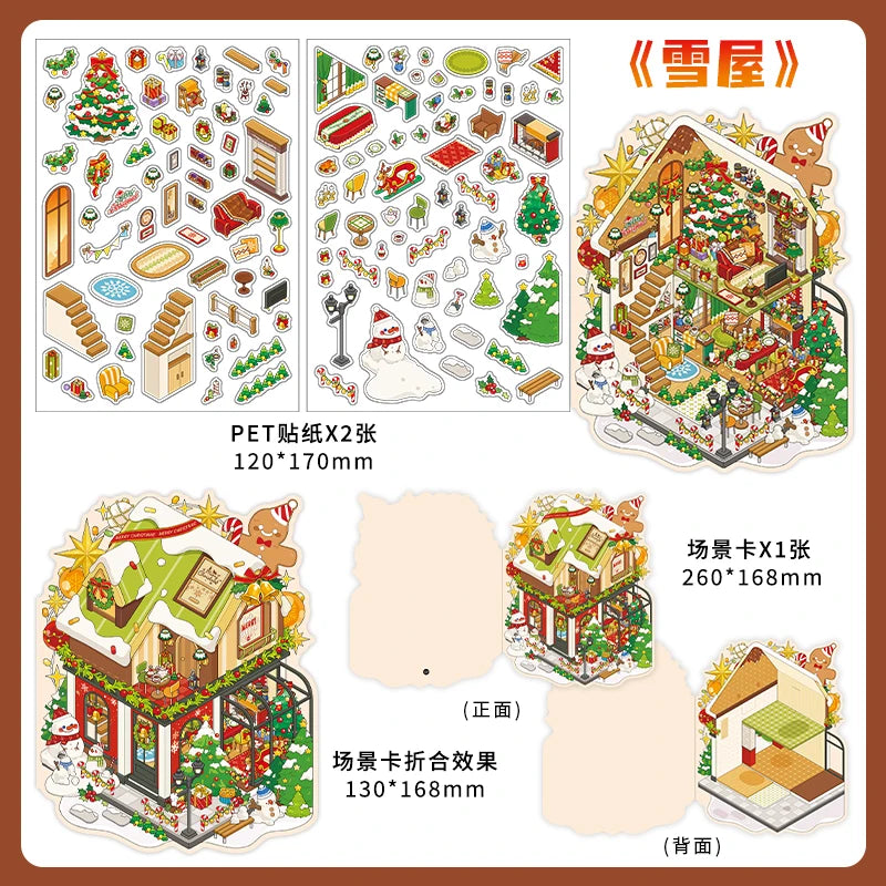 3sheets/bag Today's Business Series Happy Christmas Theme 2.5D PET White Card Diorama Stickers for Scrapbooking DIY Qme 4