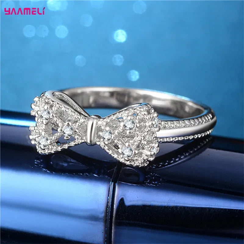 Sparkling 925 Sterling Silver Color Wedding Rings for Women Cubic Zircon Crystal Bowknot Fashion Engagement Ring Qme