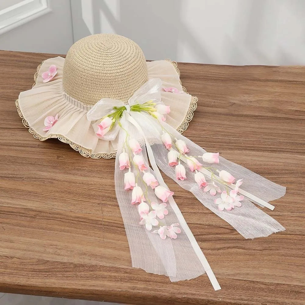 Summer Bonnet Wide Brim Straw Hat Lace Bowknot Floral Tassel Sun Cap Qme Style 6