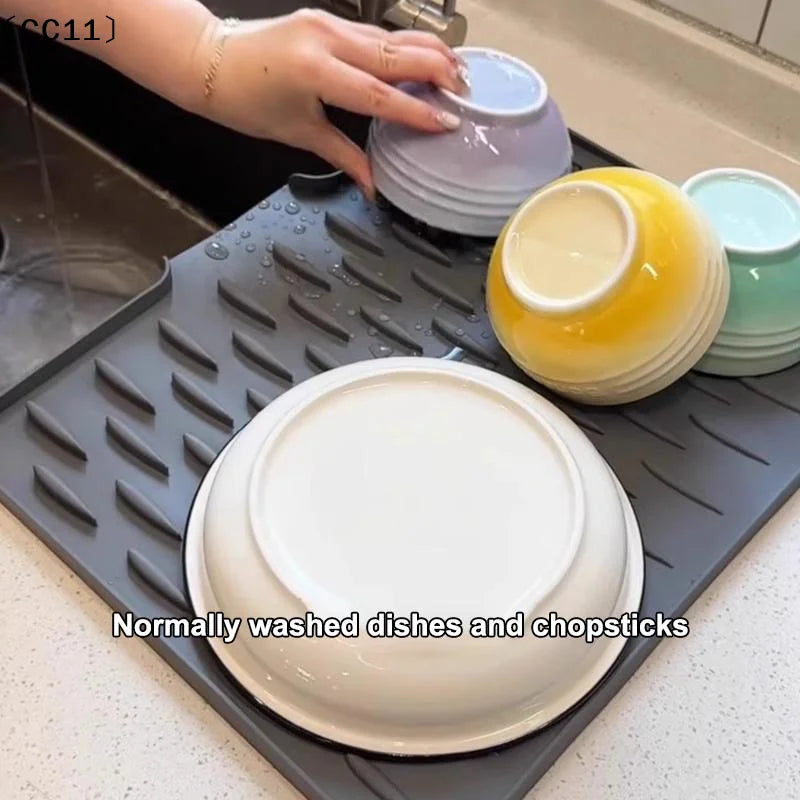 Silicone Dish Drying Mat Tilted Design Efficient Water Drainage Qme