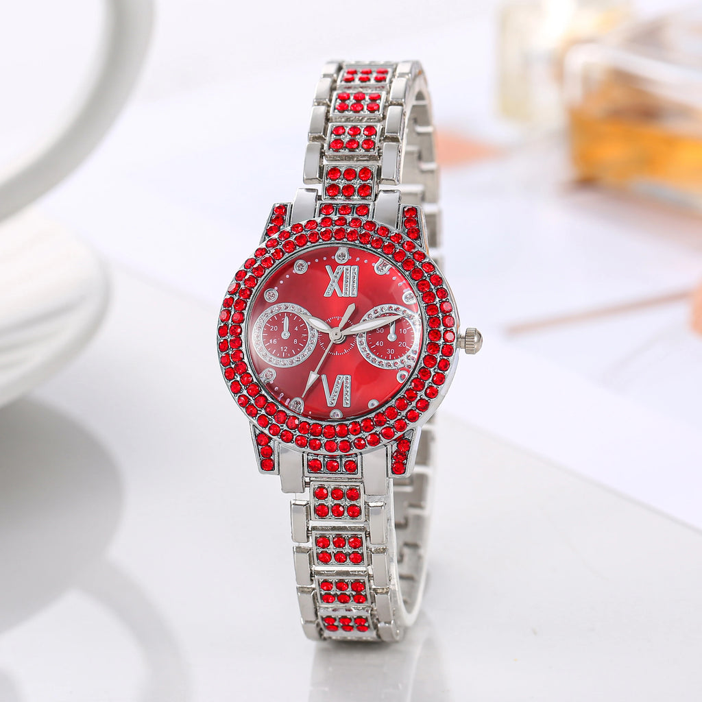 Full Diamond Roman Literal Steel Strip Women's Watch Starry Sky Business Quartz Watch Women's Watch Qme Red