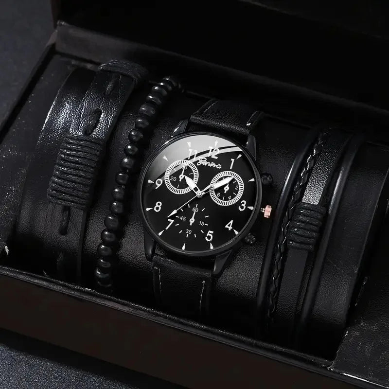4 Pcs/Set Fashion Men's Casual Watches Men's Leather Bracelet Quartz Watch Man Present Bracelets Set (Without Box) Qme 2