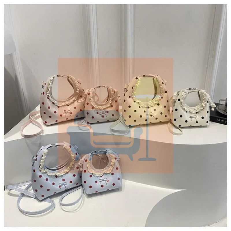 Light Polka Dot PU Leather Bag With Lace Ruffled Handle Cute Bow For Daily Shopping Dating Outings Qme