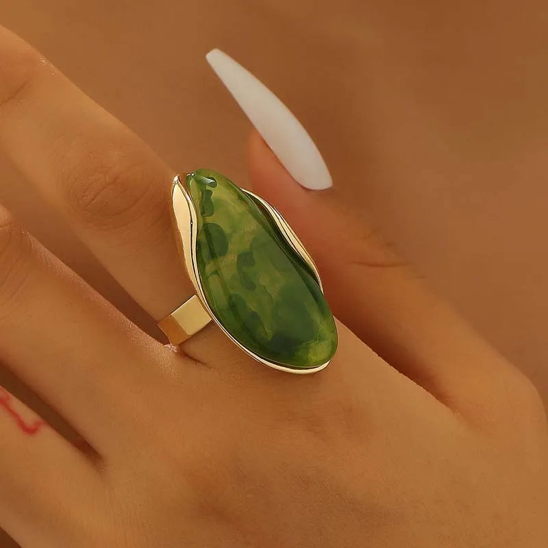 Vintage Irregular Resin Alloy Stud Earrings & Ring - Women's Coffee Color Fashion Elegant Stud Earrings & Ring Jewelry Set Qme Ring-Green