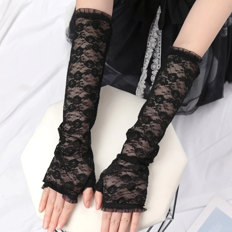 Women Lace Arm Cover Sleeve Fishnet Mittens UV Protection Cuffs Qme