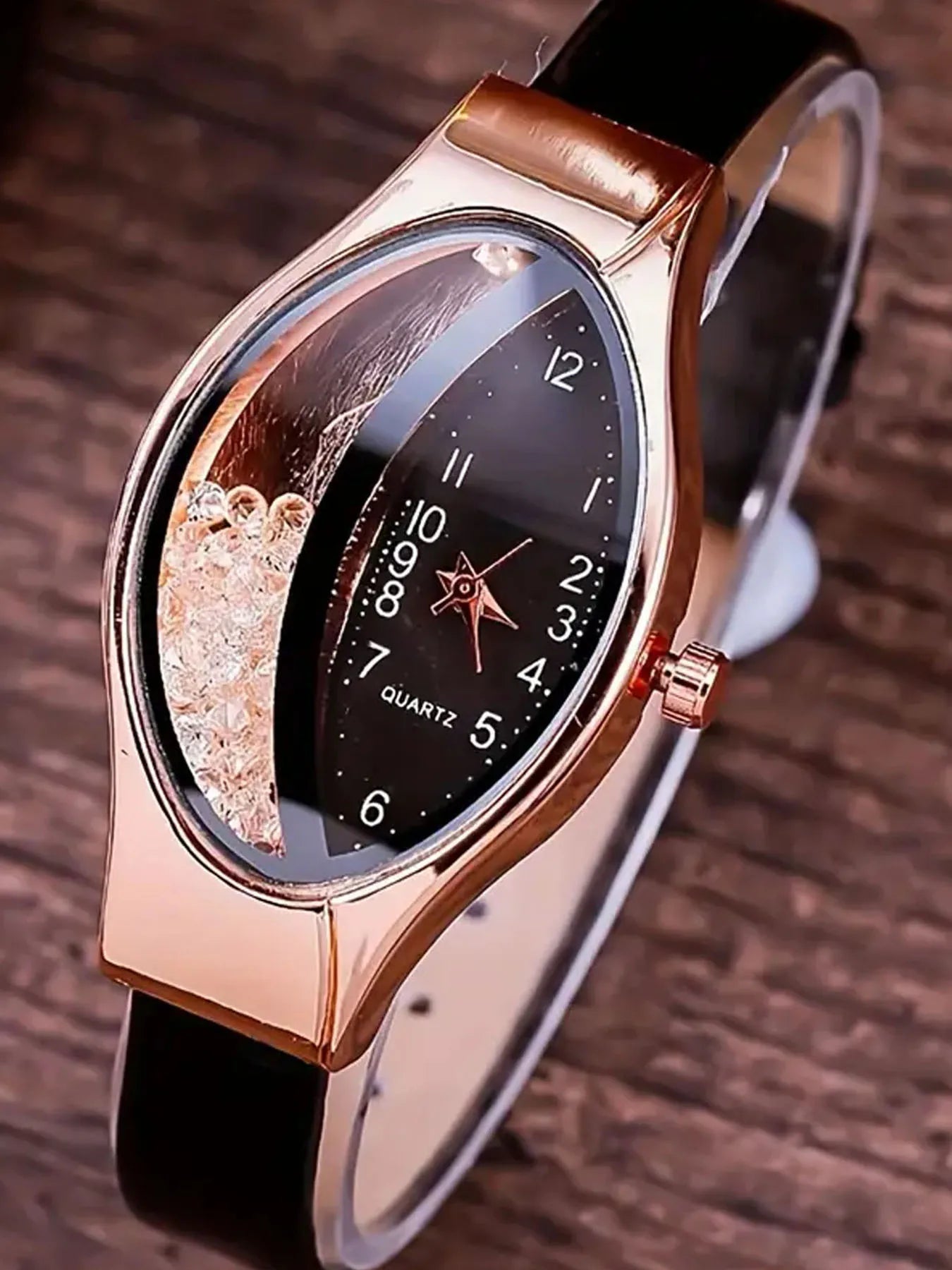 2Pcs Elegant Half Crystal Black Dial Watch Leaf Bracelet Set Qme