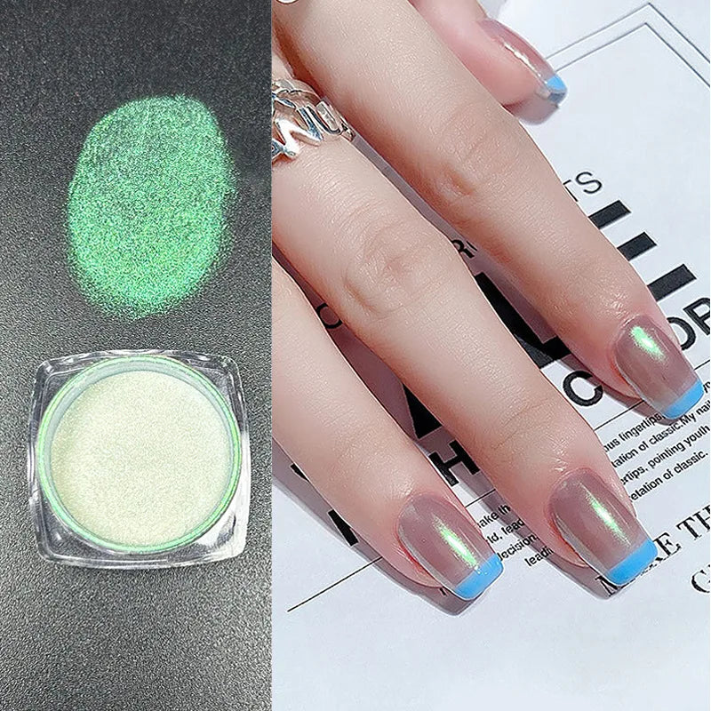 Icy Aurora Glitter Powder, Fairy Nail Glitter with Polarizing Shine, Transparent Holographic Mirror Glitter for Nail Art, 1g Qme Aurora Green