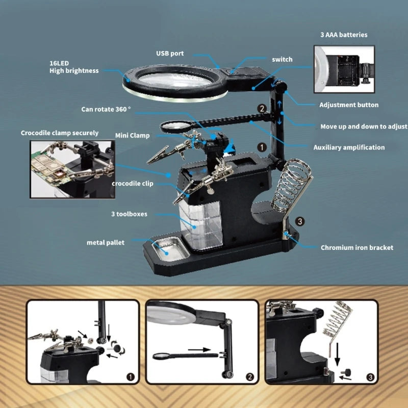 LED Glass Adjustable Magnification Metal Clamp Precisions Repair Qme
