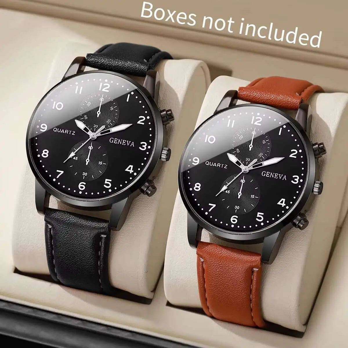 2PCS Three eye business casual trendy belt quartz watch high-end atmospheric watch large dial light luxury Qme 2PCS Set Without Box