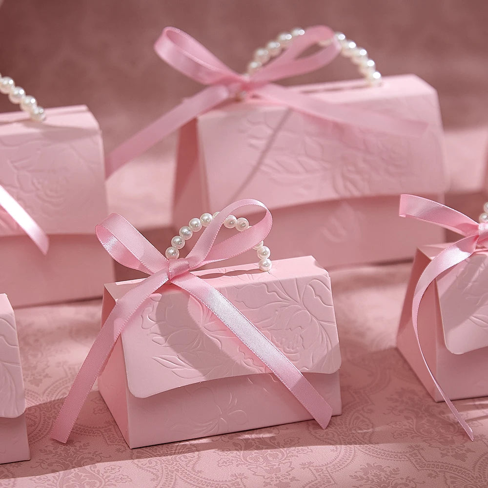 10Pcs Pink Paper Gift Box, Concave and Convex Three-Dimensional Flower Design, with Pearl Handle, Used for Party Holiday Gift Pa Qme
