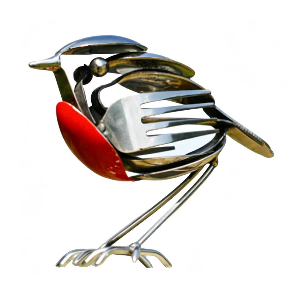 Robin Bird Statue Handmade Recycled Fork & Spoon Bird Statue Rustic Red Chest Robin Figurine for Outdoor Garden Yard Decor Qme