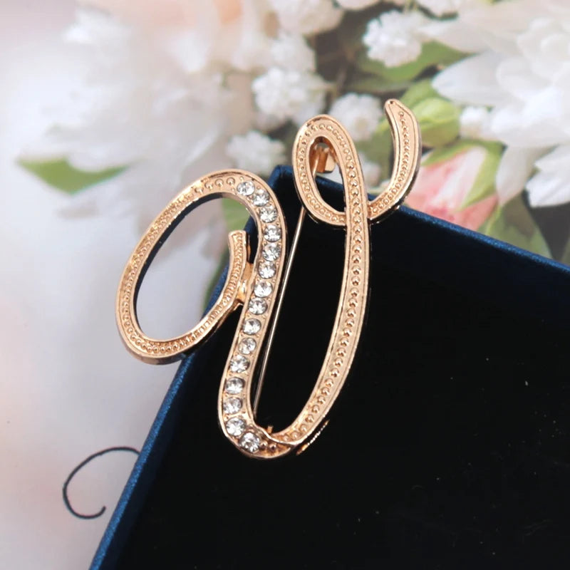 Fashion Women Rhinestone Brooch A-z English Letter Gold Metal Pins Qme V