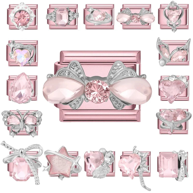 Wholeasle Shiny Round Zircon Bow Beautiful Stars Italian Charm Links Fit 9mm Stainless Steel Bracelet Women Jewelry DIY Making Qme