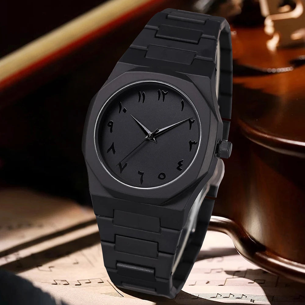 Matte black octagonal Arabic numerals men's watch Cuban bracelet bullet pendant ring four piece set, not including gift box Qme