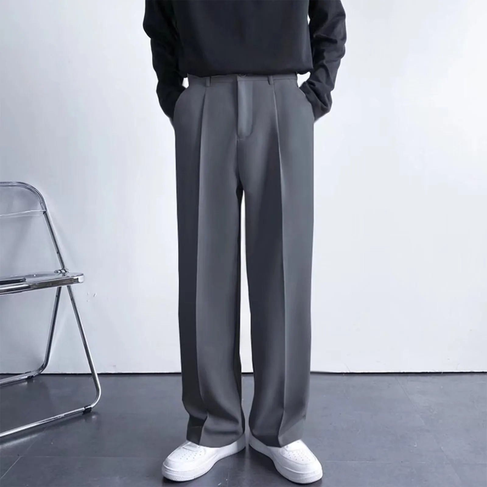 Men's Business Casual Fashion Loose Solid Color Drape Straight Trousers Classic Commuting Simple And Versatile Pocket Long Pants Qme Dark Gray 38