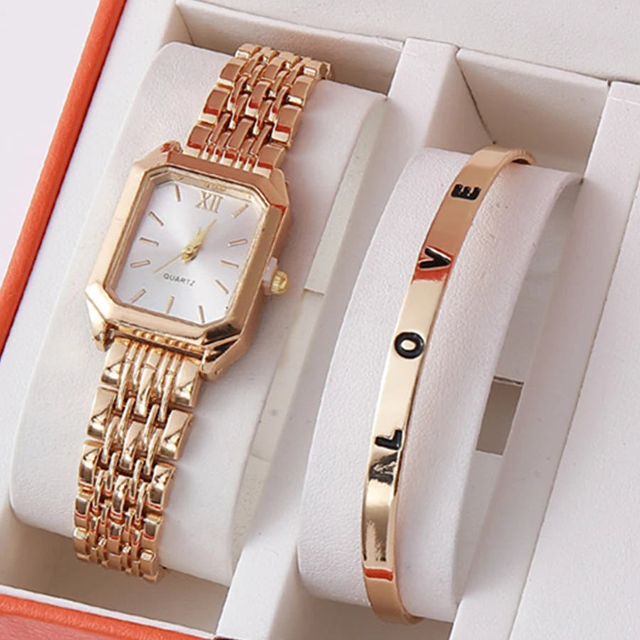 2pcs/set Luxury Women's Quartz Watch with LOVE Bracelet Watch Set Fashion Alloy Band Business Ladies Watches Female Clock Gifts Qme Gold-white Set