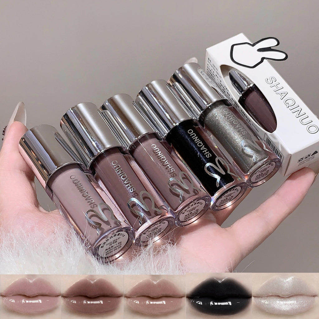 SHAQINUO Water Light Mirror Lip Gloss Lasting Moisturizing Cool Black Silver Gray Pearlescent Fine Sparkling Lipstick Lip Oil Qme