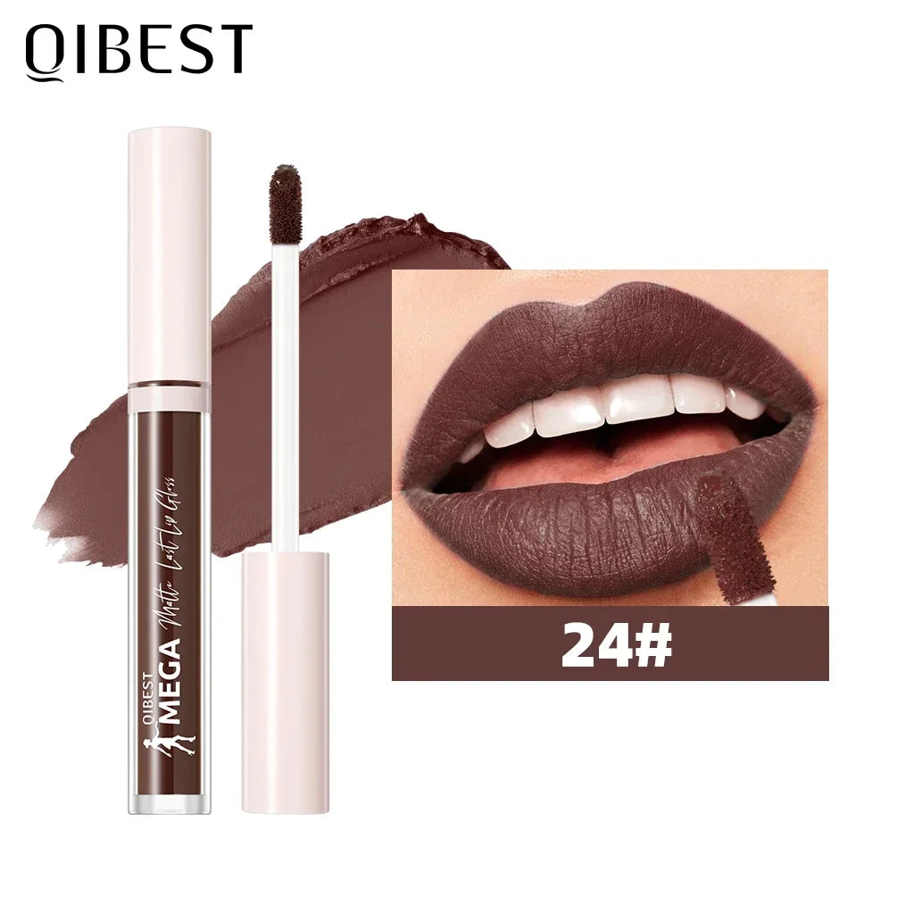 QIBEST New 24 Colors Matte Liquid Lipstick Long lasting Nude Brown Purple Lip tint Non-Stick Sexy Red Lipgloss Waterproof Makeup Qme 24