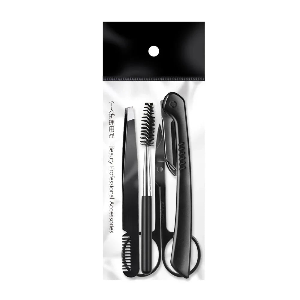 Black Eyebrow Trimming Scissors Stainless Steel Tweezers Scraping Qme 4pc