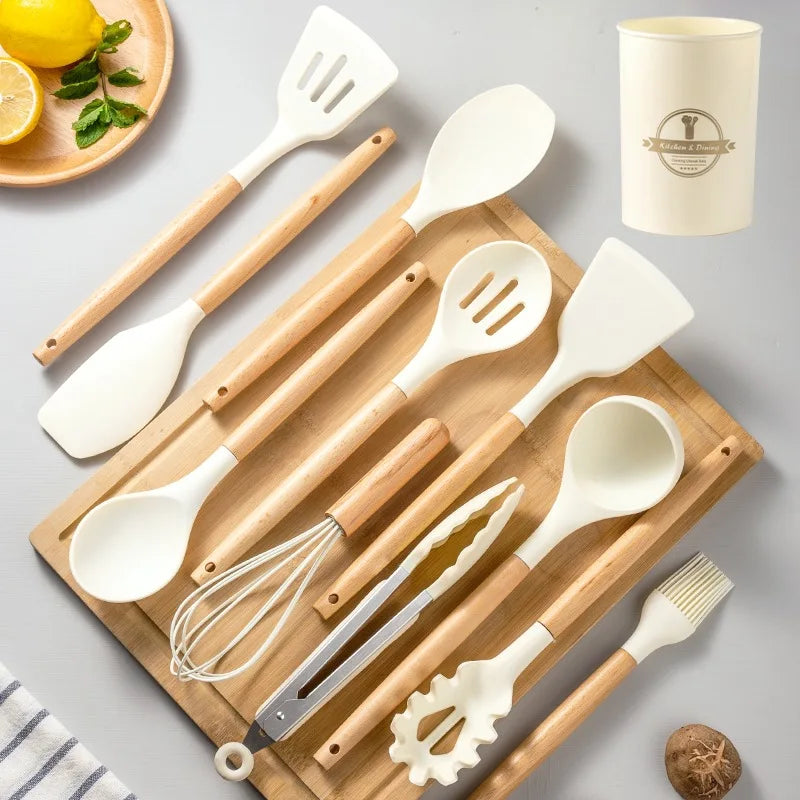 2/12Pcs White Silicone Kitchen Utensils Set with Wooden Handle,Cookware Spatula, Heat Resistant Non-stick Kitchen Cooking Tools Qme