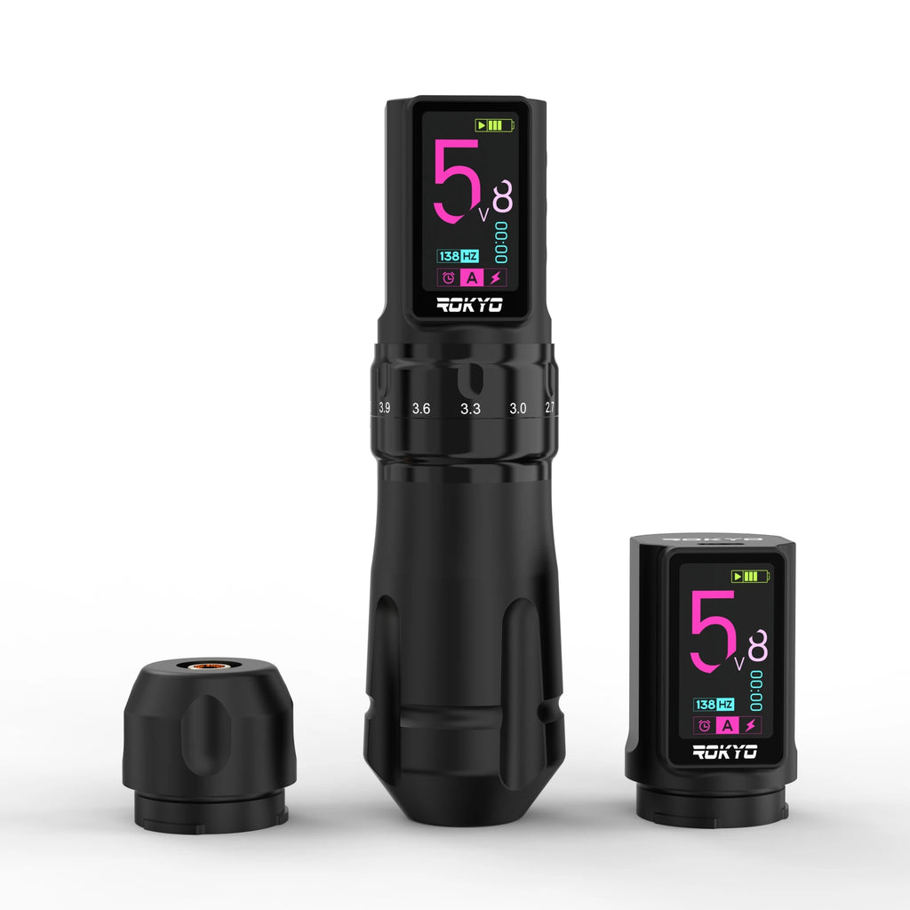 ROKYO CR07 Wireless Tattoo Machine Pen Adjustable Stroke 2.4-4.2mm OLED Display for Tattoo Artists Qme Black Two Batteries USB Type-C
