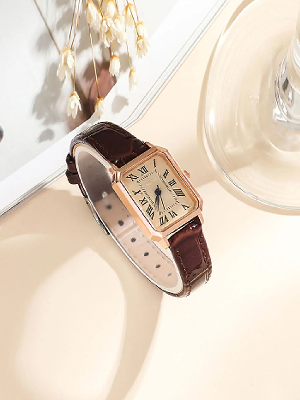 Women's Watch, Quartz Watch, Simple Fashion Casual Watch, Small Elegant Leather Strap, Square Dial with Roman Numerals Qme