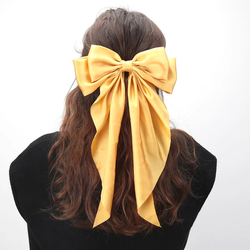 Elegant Bow Ribbon Hair Clip for Women Fashion Solid Satin Black Clip Simple Hairpin Headband with Clips Girls Hair Accessories Qme Gold
