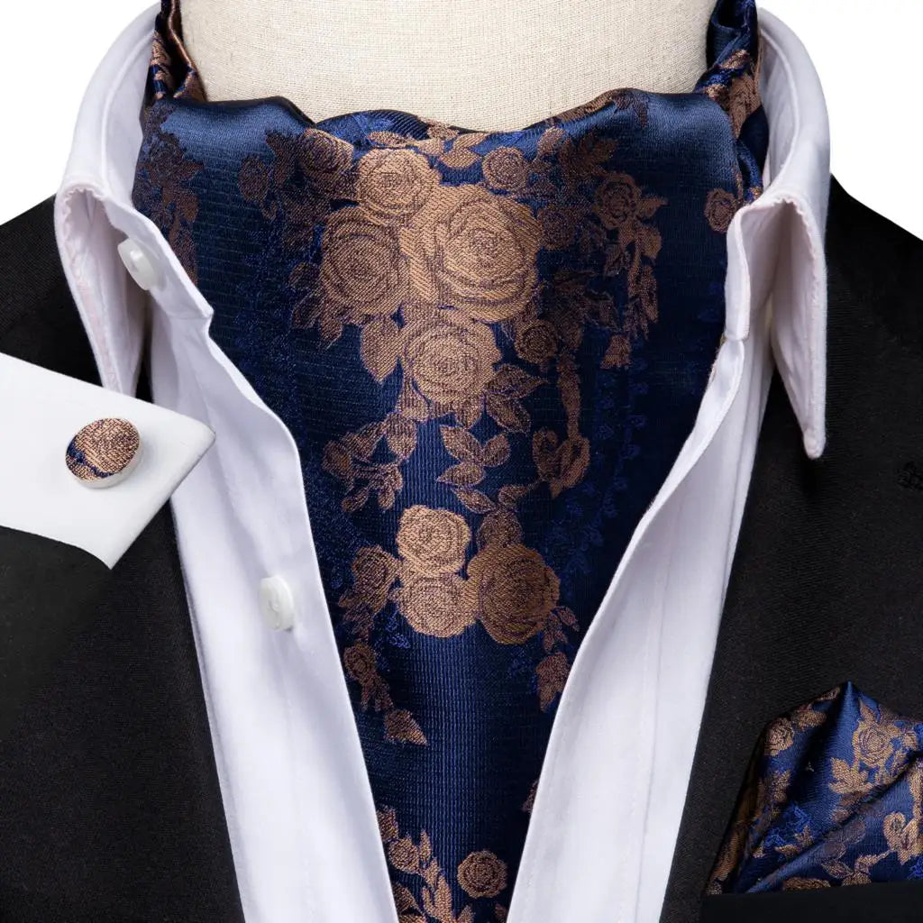 Hi-tie Silk Men's Ascot Pocket Square Cufflinks Jacquard Floral