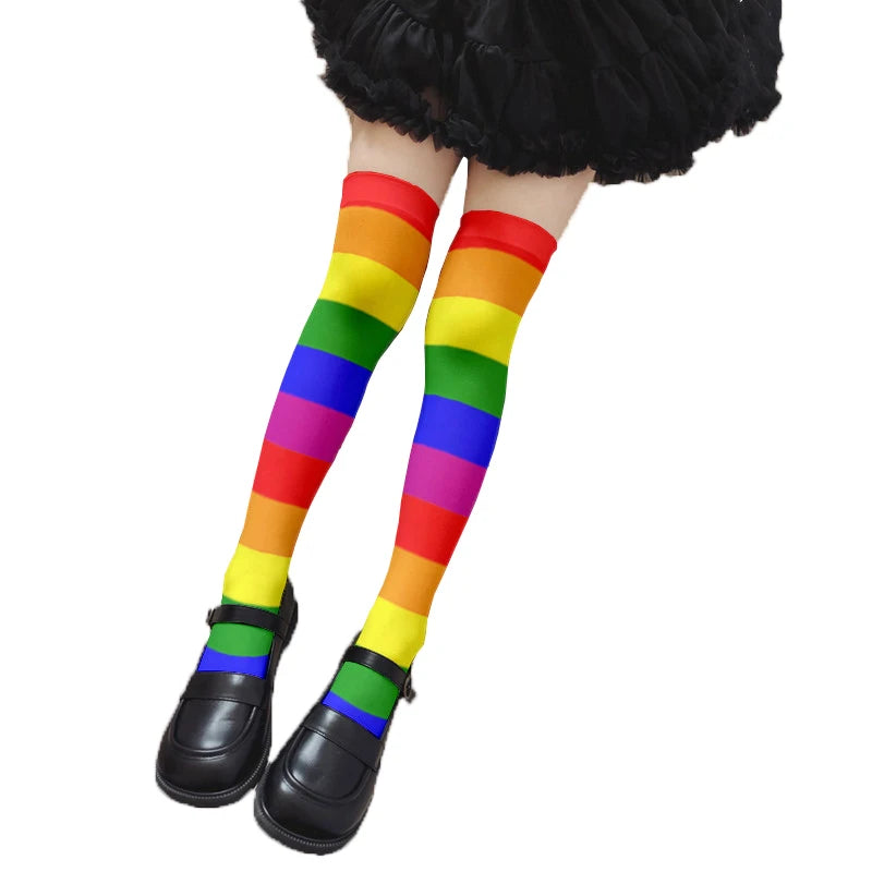 Fun Rainbow Striped Stockings Women's Sexy Fashion Multicolor Thigh Qme style12 One Size