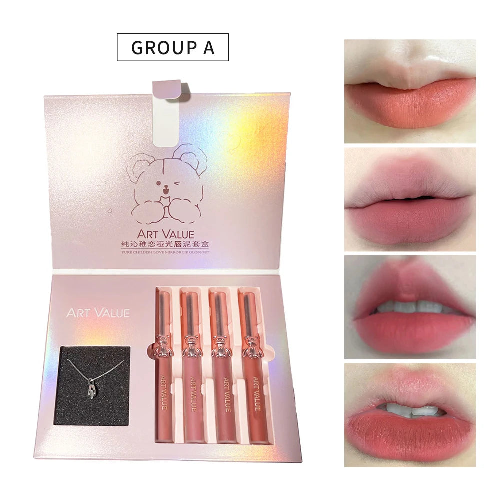 ART VALUE 4Pcs Lipgloss Liquid Lipstick Lasting Moisturizing Makeup Mirror Lip Glaze Set With Necklace Lip Tint Beauty Makeup Qme A Sets
