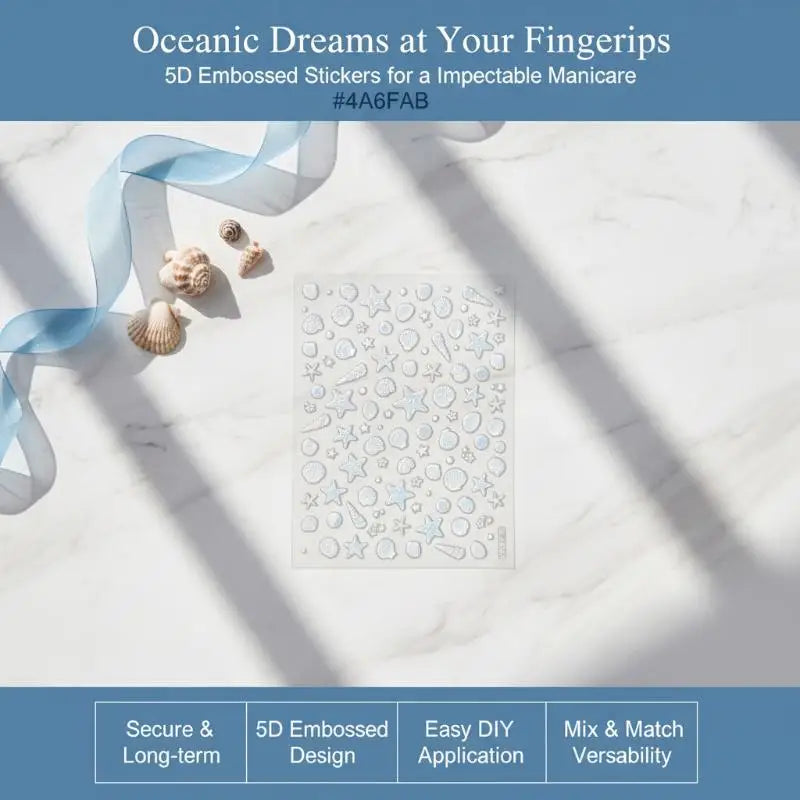 5D Embossed Nail Art Stickers Seashell Starfish Ocean Design Qme