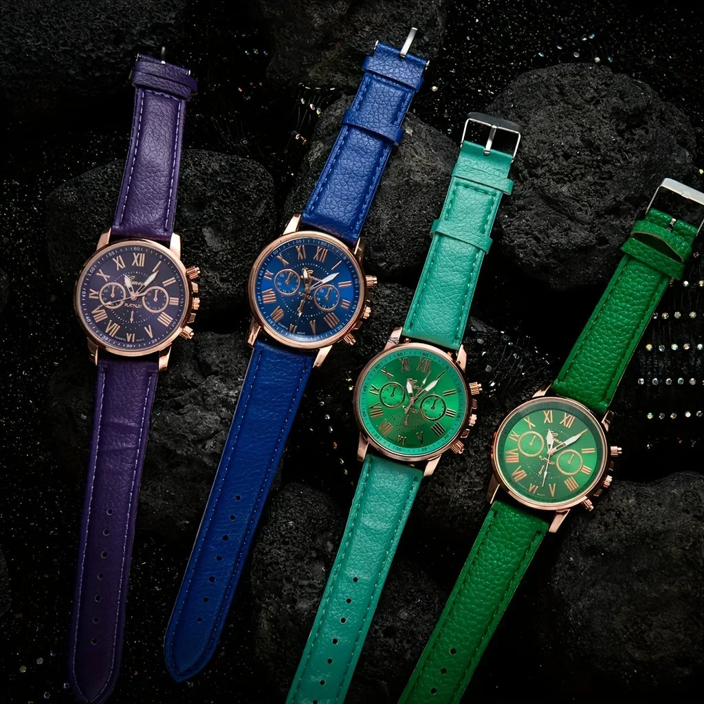 10pcs-Fashion Quartz Watch Set, Unisex (Multiple Colors), PU Leather Strap, Alloy Case, Ideal Gift for Friends and Family Qme