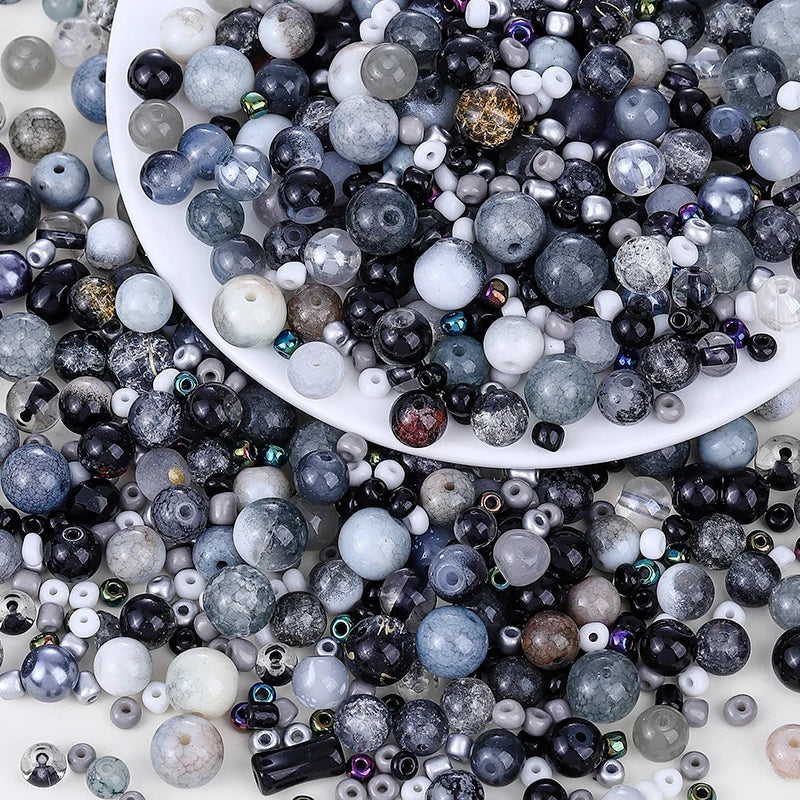 50g Assorted Glass Beads for Jewelry Making 2-10mm Colorful Crystal Beads for Bracelets Earrings Necklaces Crafts Making DIY Art Qme Black