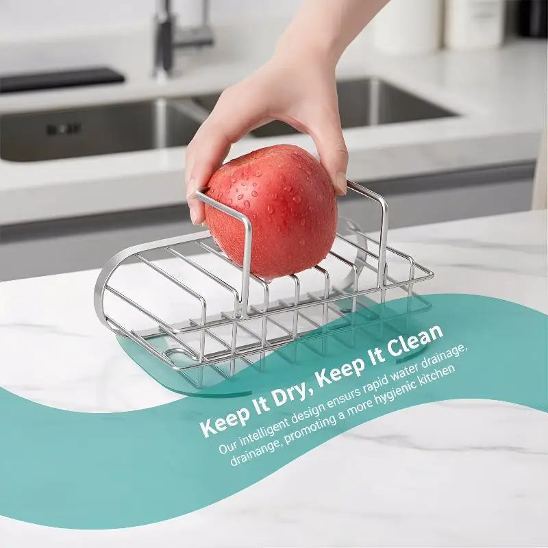 Sink Organizer - Stainless Steel Suction Sponge Stand - Fast-Draining, Easy-Clean Holder with Hook for Modern Kitchens Qme