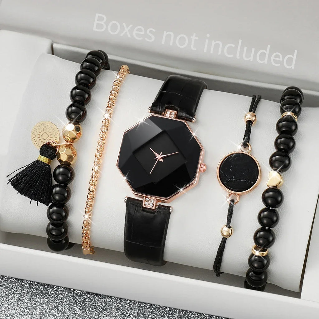 5PCS Fashion Women Watches Simple Leather Band Quartz Watch for Women Clock Jewelry Set Reloj Mujer（Without Box） Qme black No
