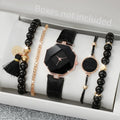 5PCS Fashion Women Watches Simple Leather Band Quartz Watch for Women Clock Jewelry Set Reloj Mujer（Without Box） Qme black No