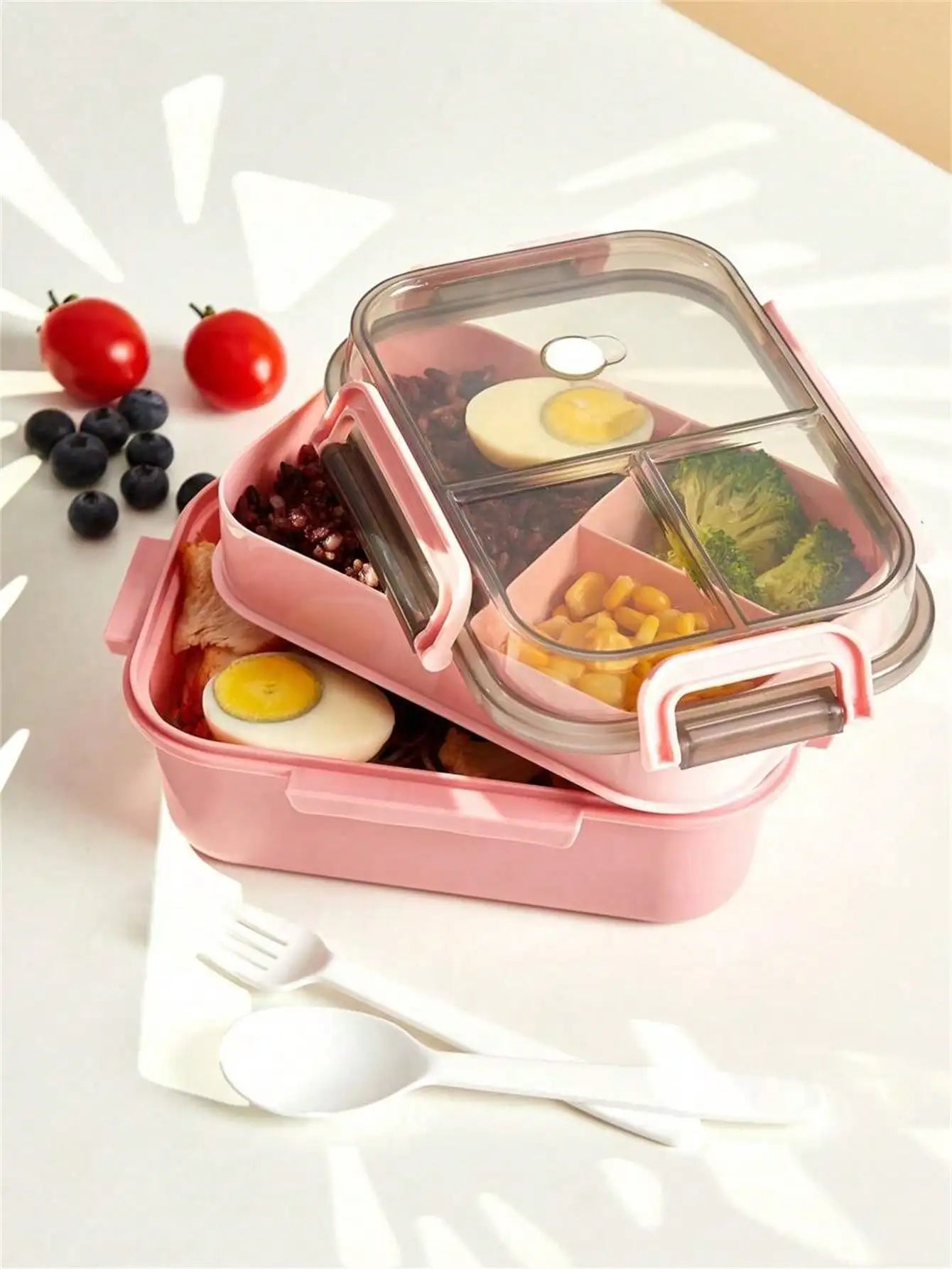1 Microwave Capable Double-layer Compartment Lunch Box Handle Leak Qme