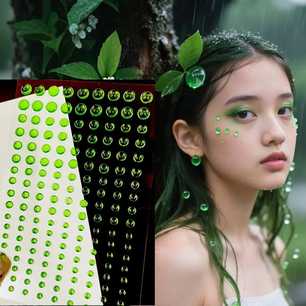 Multi Size Crystal Water Drop Stickers 3D Teardrop Clear Resin Glass Self Adhesive Makeup Tattoo Sticker for Party Stage Cosplay Qme Green 162pcs