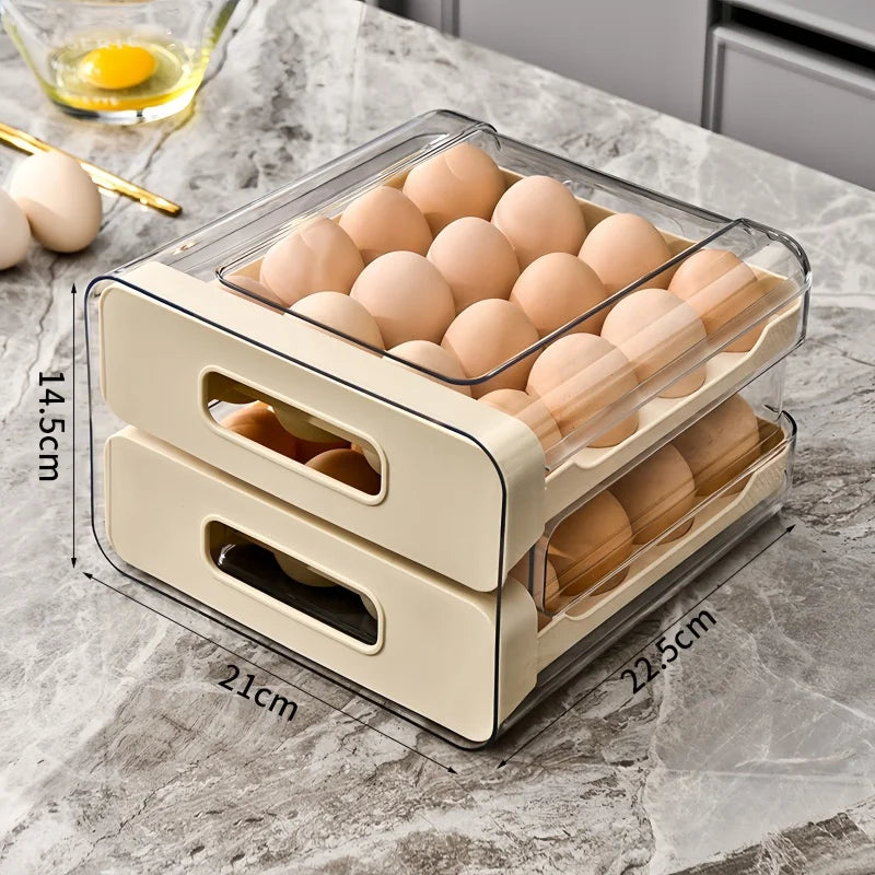 Double-layer Capacity Pull-out Drawer Refrigerator Egg Storage Box Egg Storage Fresh-keeping Box 32 Grid Egg Box Qme 1pc Cream 2-tier