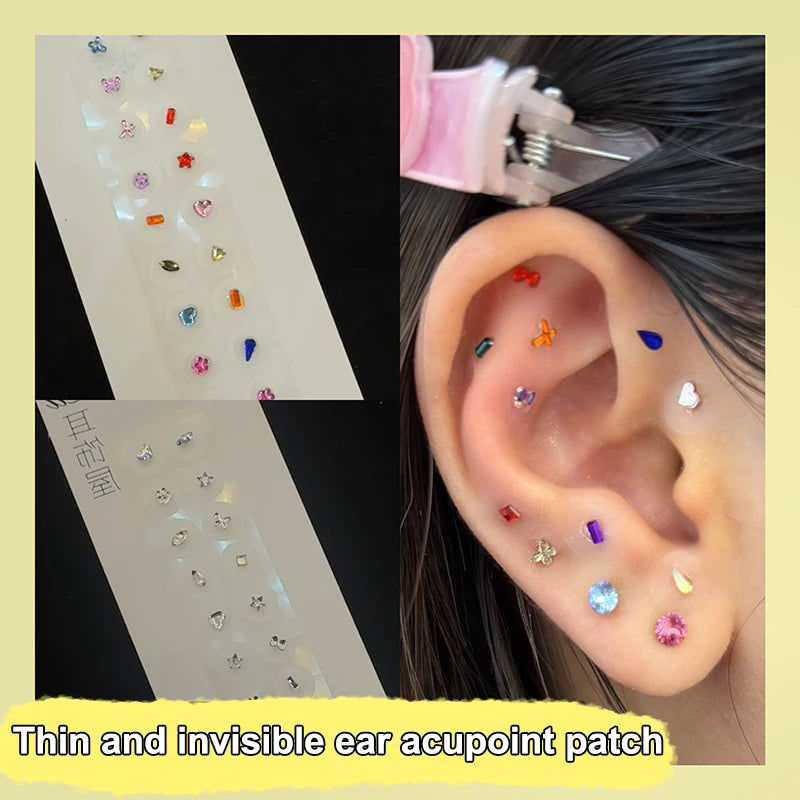 Fashion Bowknot Colorful Rhinestone Pearls Ear Point Stickers Qme