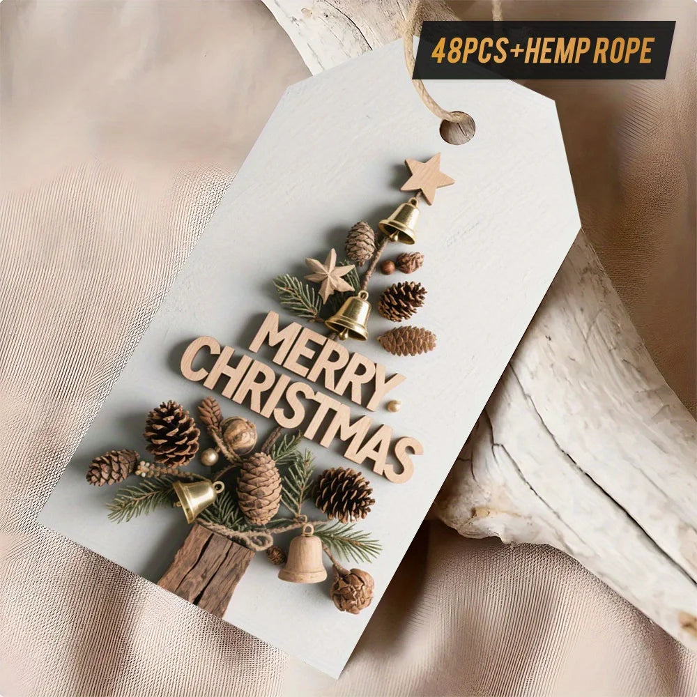 48pcs Vintage Christmas Gift Tags with Hemp Rope Classic Holiday Tags Tree Decorations Presents Packaging Label Party Decoration Qme