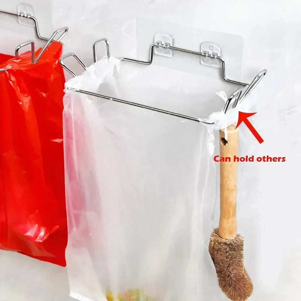 Multi-purpose Cabinet Door Trash Bag Rack Stainless Steel Trash Bag Hanger Storage Rack Kitchen Trash Bag Rack Without a hook Qme