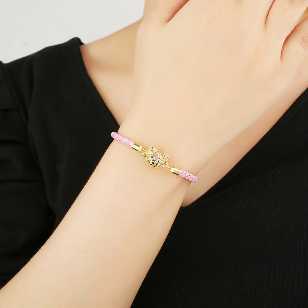 New 6 Colors Fashion Cute Animal Bear Zirconia Leather Rope Braided Adjustable Bracelet Classic for Man Woman Party Jewelry Gift Qme