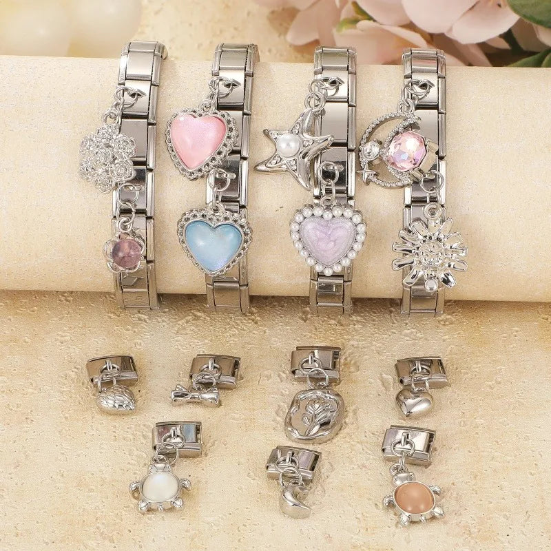 New Original Colored Crystal Turtle Moon Heart Italian Charm Stainless Steel Link Fit 9mm Modular Bracelet DIY Jewelry Wholesale Qme