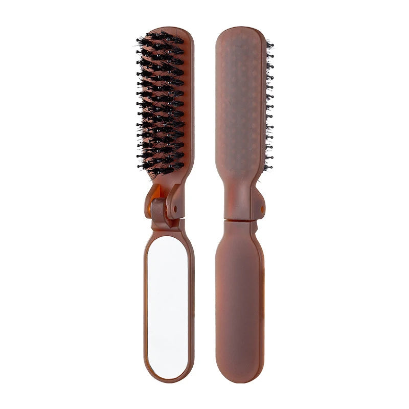Mane Bristle Hair Brush Salon Foldable Portable Comb Mirror Pocket Qme Coffee