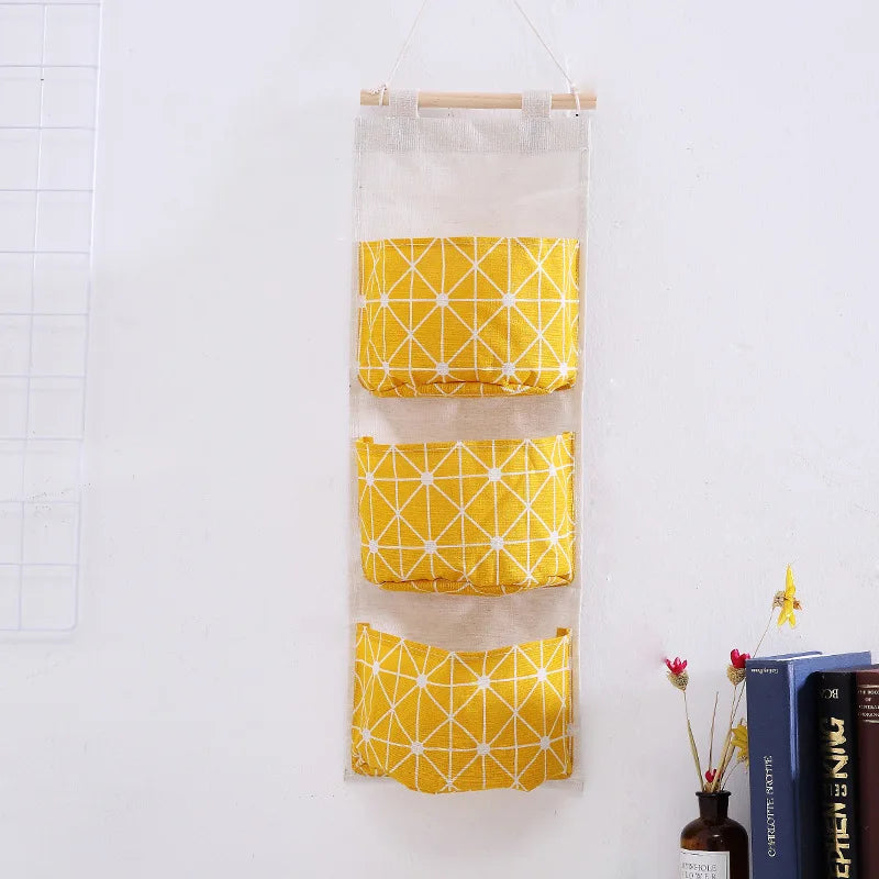 1PC Three Pockets Hanging Wall Storage Bag Household Bedroom Living Room Kitchen Cotton Linen Storage Bag Qme YELLOW