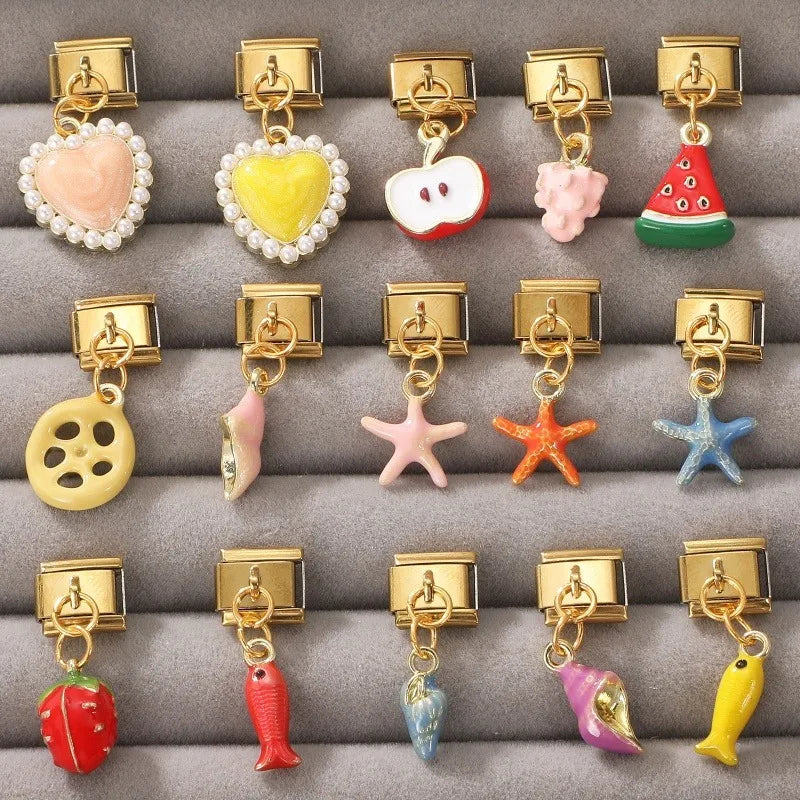 New Lotus Root Slices Stars Apple Gold Color Pendant Italian Charm Links Fit 9mm Stainless Steel Bracelet Women DIY Making Gifts Qme