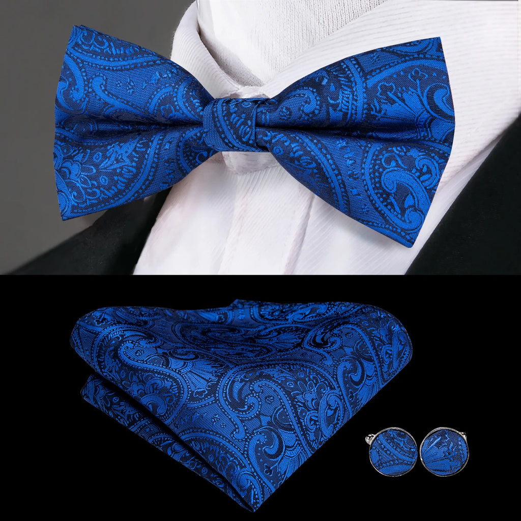 Hi-Tie Classic Bow Ties for Men Silk Butterfly Pre-Tied Male Bowtie Pocket Square Cufflinks Set Jacquard Paisley Floral Wedding Qme LH-786