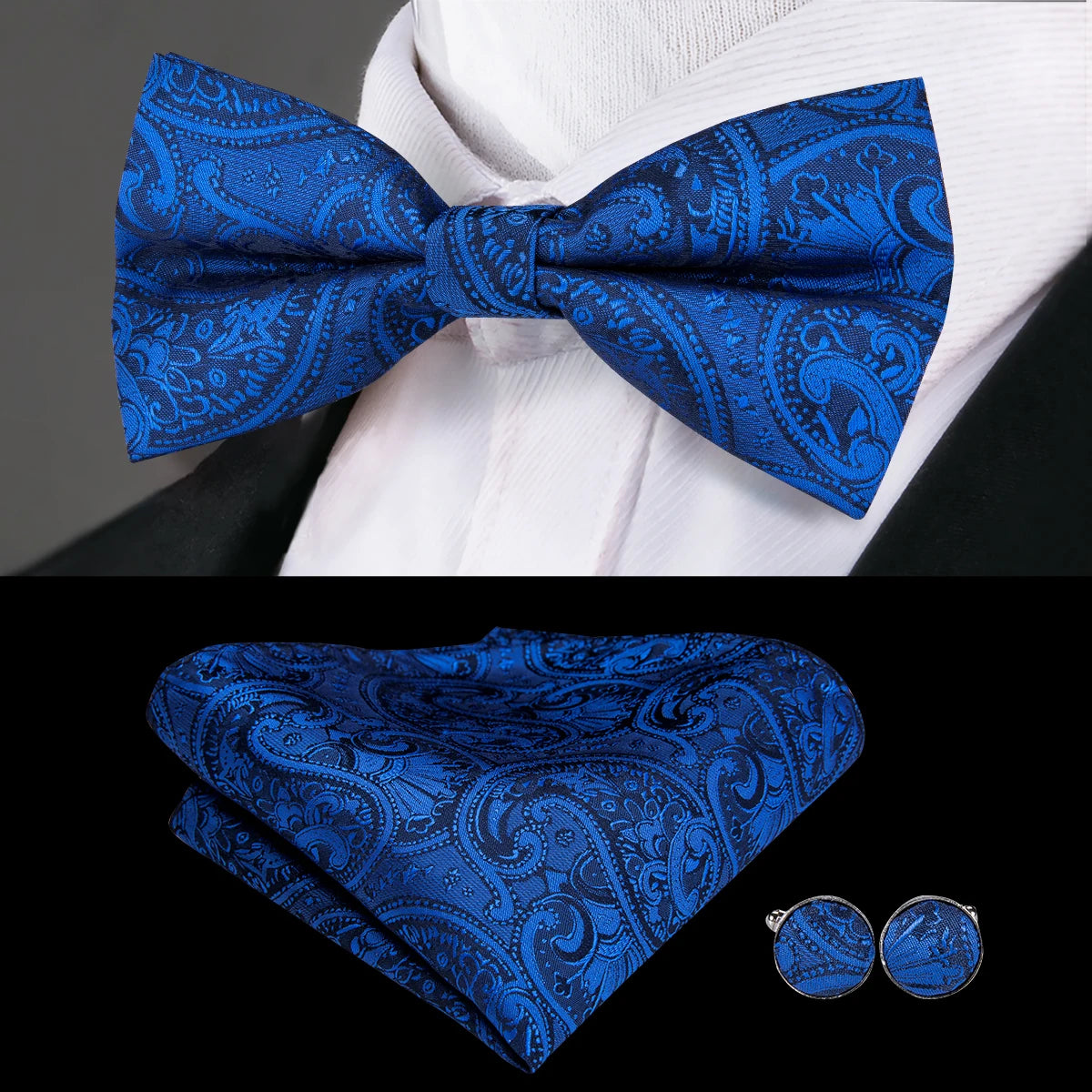 Hi-Tie Classic Bow Ties for Men Silk Butterfly Pre-Tied Male Bowtie Pocket Square Cufflinks Set Jacquard Paisley Floral Wedding Qme LH-786